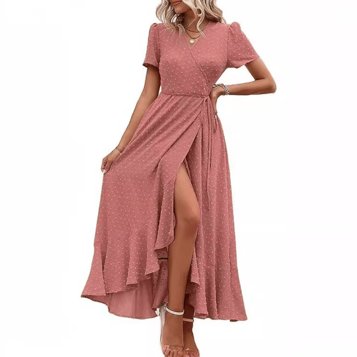 MARJORIE™ - Cozy Summer Wrap Ruffle Hem Split Maxi Dress - Beaumonts Closet Toronto