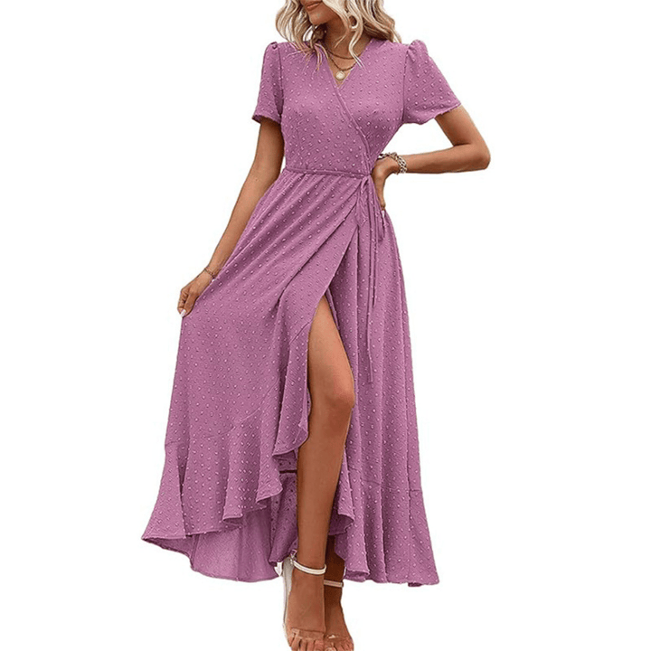MARJORIE™ - Cozy Summer Wrap Ruffle Hem Split Maxi Dress - Beaumonts Closet Toronto