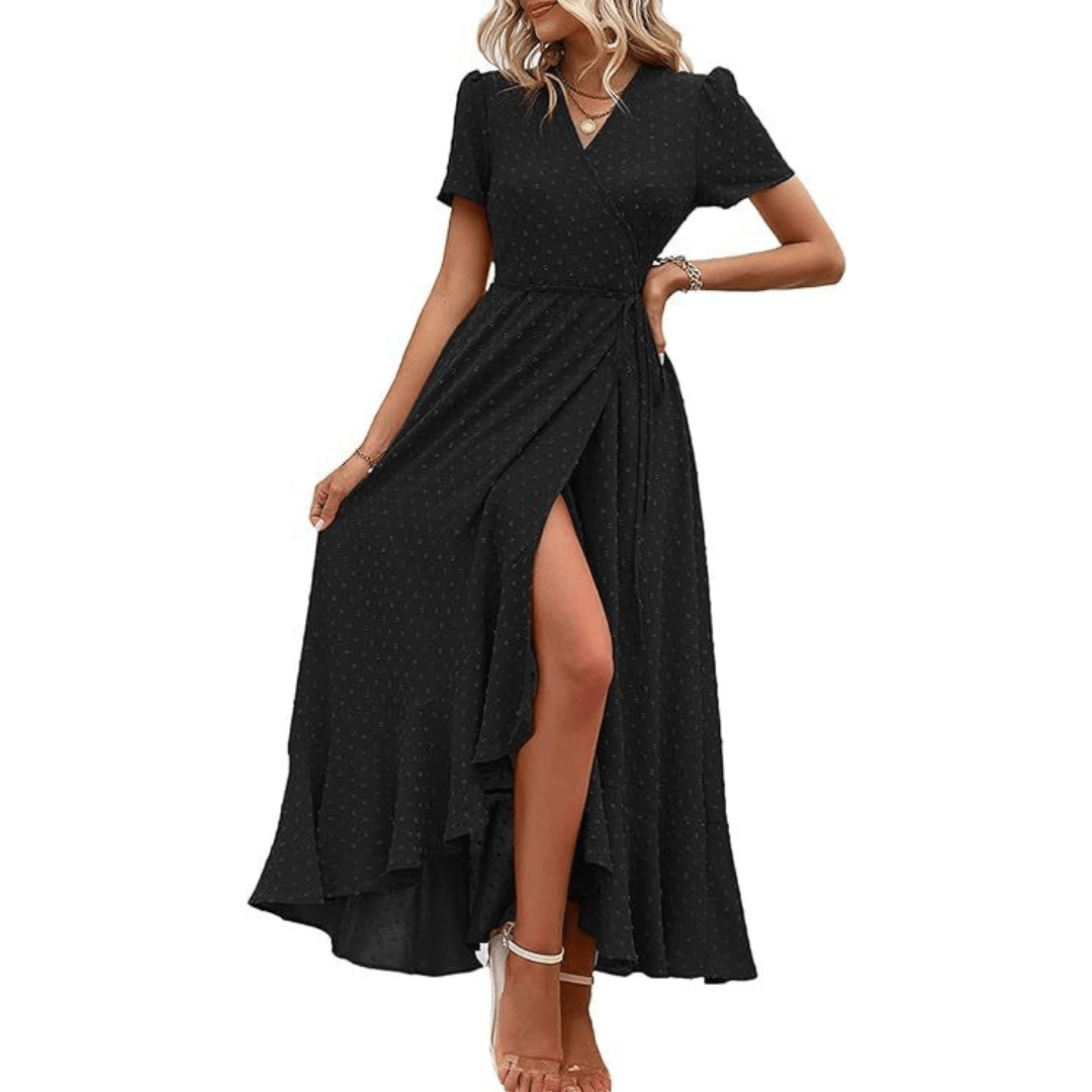 MARJORIE™ - Cozy Summer Wrap Ruffle Hem Split Maxi Dress - Beaumonts Closet Toronto