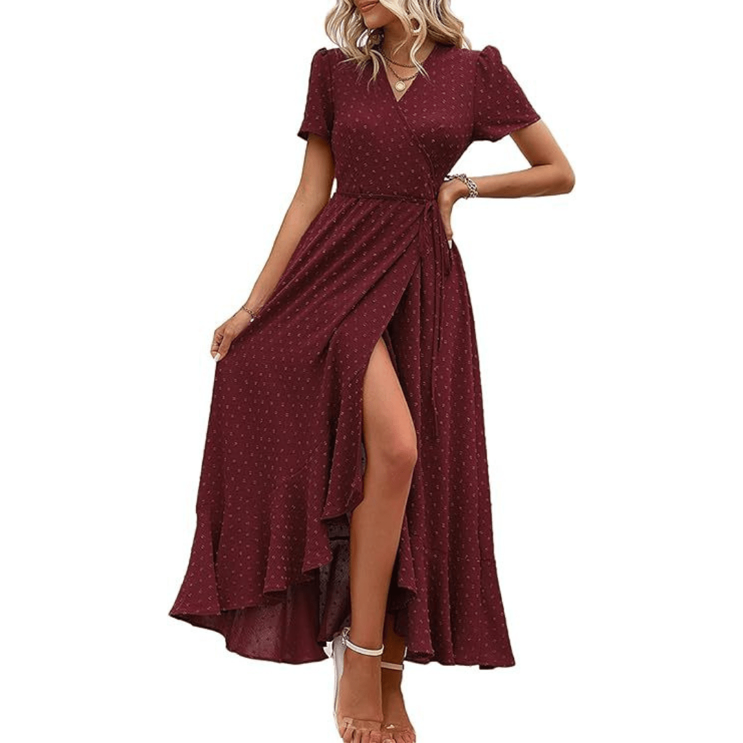MARJORIE™ - Cozy Summer Wrap Ruffle Hem Split Maxi Dress - Beaumonts Closet Toronto