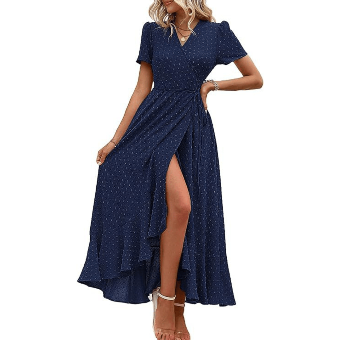 MARJORIE™ - Cozy Summer Wrap Ruffle Hem Split Maxi Dress - Beaumonts Closet Toronto