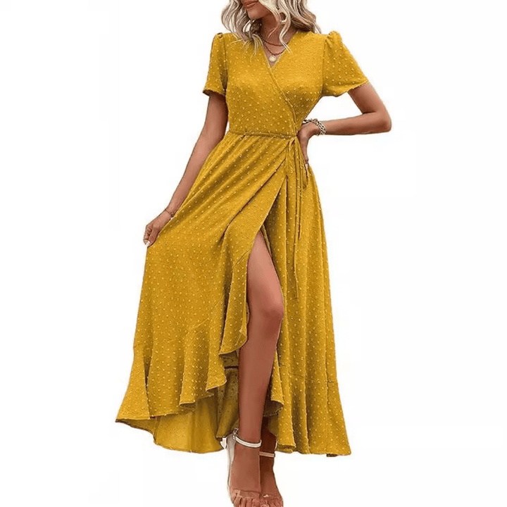 MARJORIE™ - Cozy Summer Wrap Ruffle Hem Split Maxi Dress - Beaumonts Closet Toronto