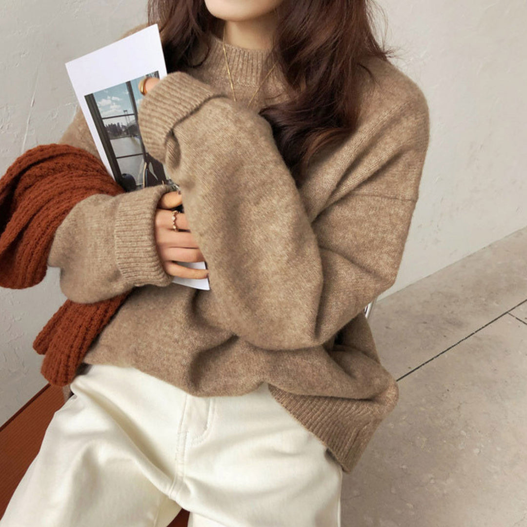 MIOLA™ - Casual Long Sleeve Round Neck Sweater Beaumonts Closet Toronto Khaki One Size 