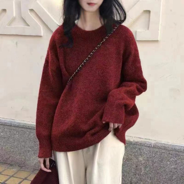 MIOLA™ - Casual Long Sleeve Round Neck Sweater Beaumonts Closet Toronto Red One Size 