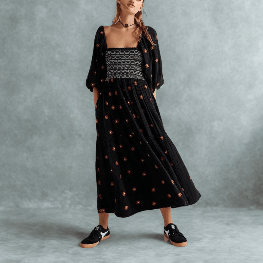 MOIRA™ - Comfy Floral Lantern Sleeve Square Neck Maxi Dress - Beaumonts Closet Toronto