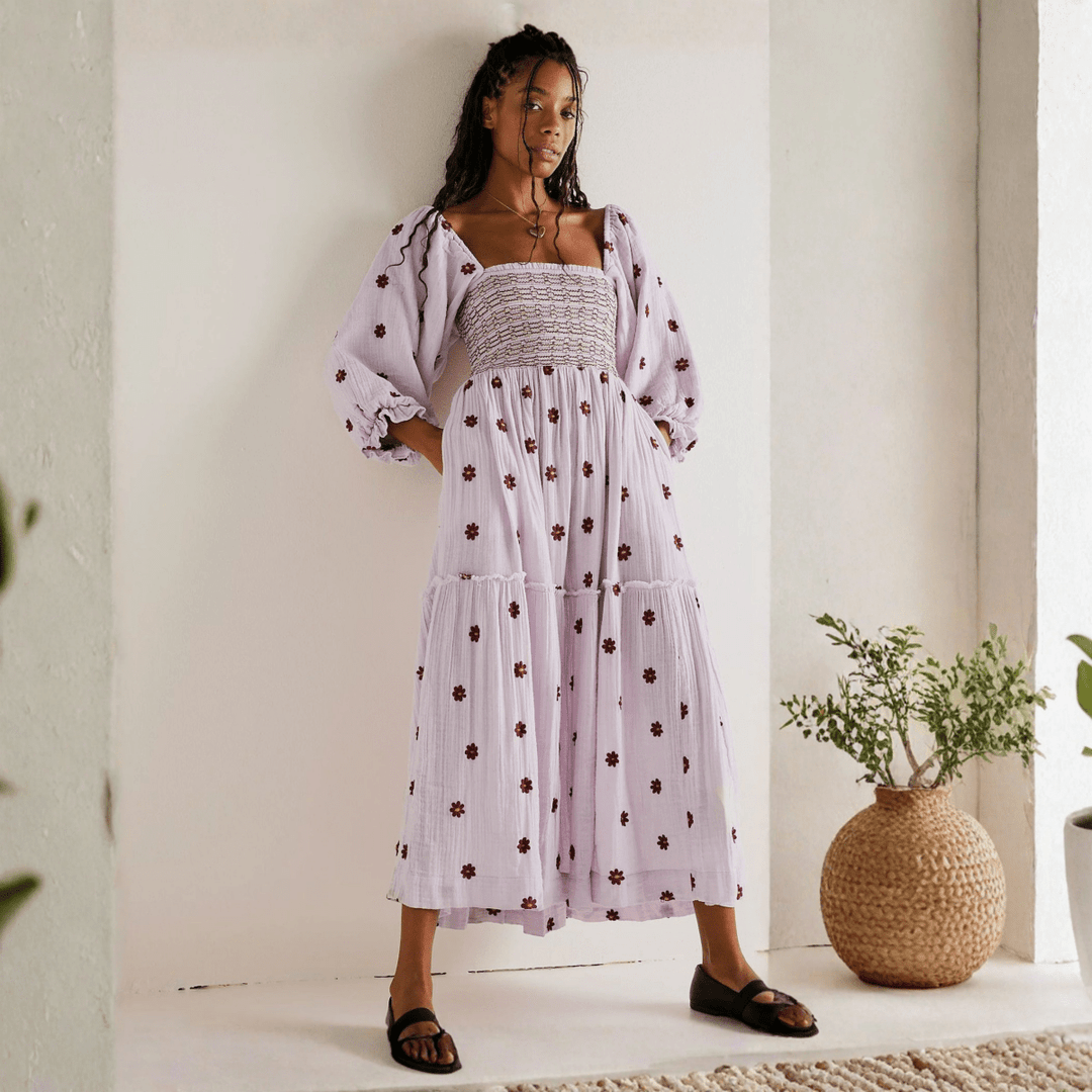 MOIRA™ - Comfy Floral Lantern Sleeve Square Neck Maxi Dress - Beaumonts Closet Toronto