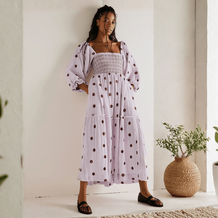 MOIRA™ - Comfy Floral Lantern Sleeve Square Neck Maxi Dress - Beaumonts Closet Toronto