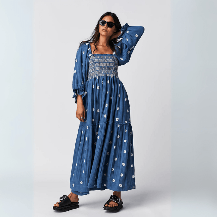 MOIRA™ - Comfy Floral Lantern Sleeve Square Neck Maxi Dress - Beaumonts Closet Toronto