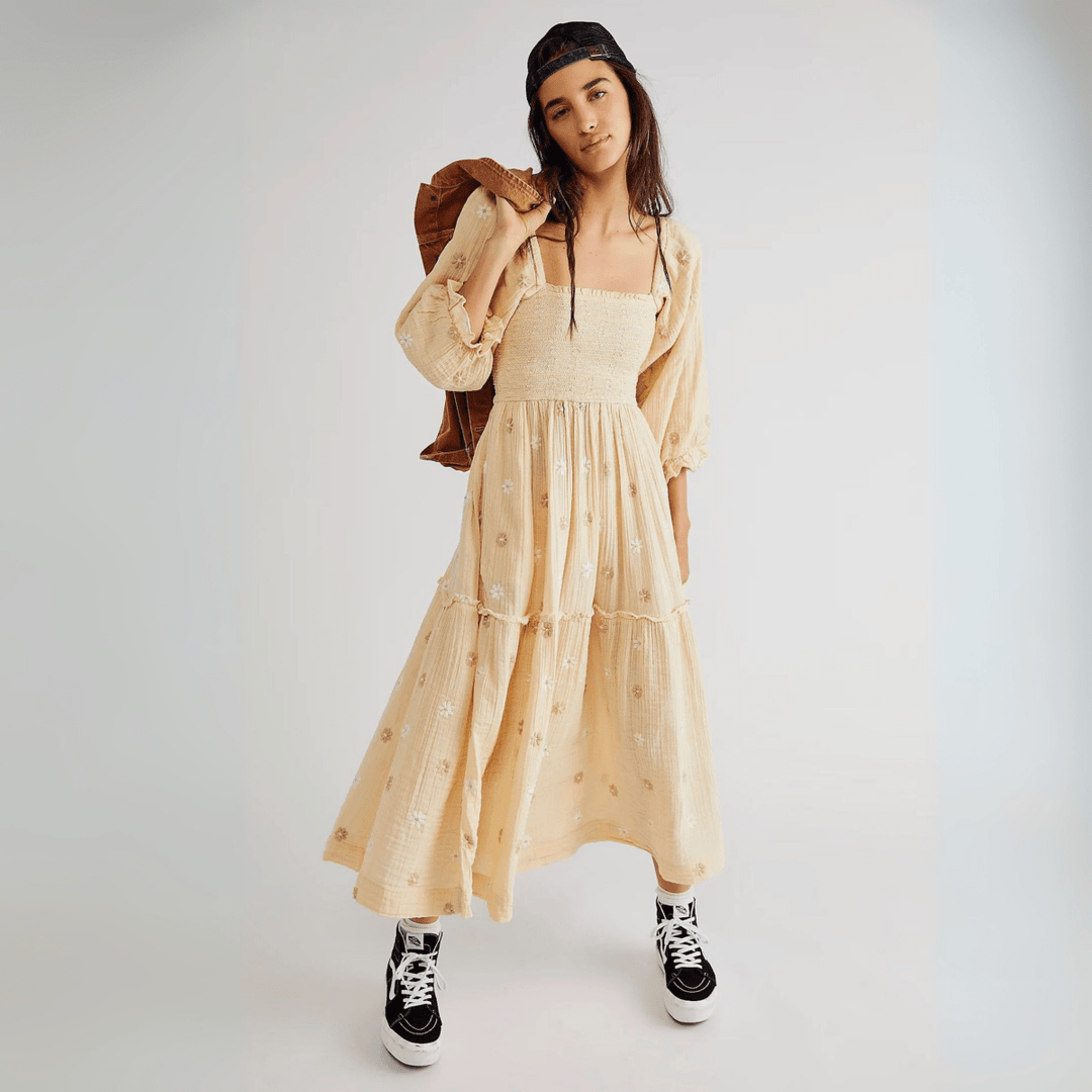 MOIRA™ - Comfy Floral Lantern Sleeve Square Neck Maxi Dress - Beaumonts Closet Toronto