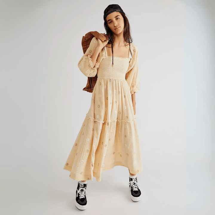 MOIRA™ - Comfy Floral Lantern Sleeve Square Neck Maxi Dress - Beaumonts Closet Toronto