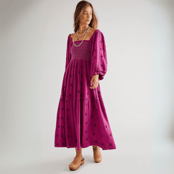 MOIRA™ - Comfy Floral Lantern Sleeve Square Neck Maxi Dress - Beaumonts Closet Toronto
