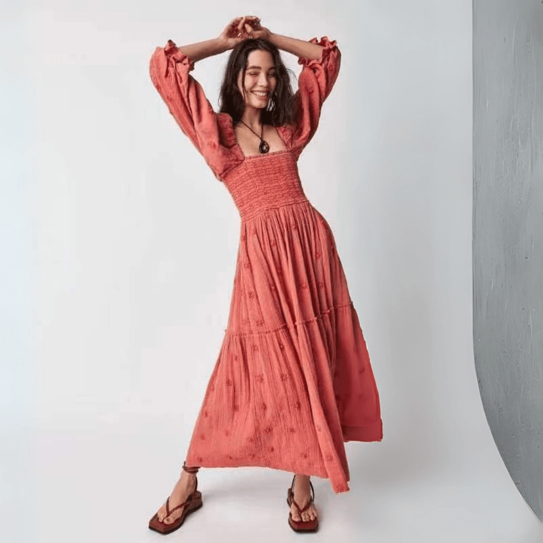 MOIRA™ - Comfy Floral Lantern Sleeve Square Neck Maxi Dress - Beaumonts Closet Toronto