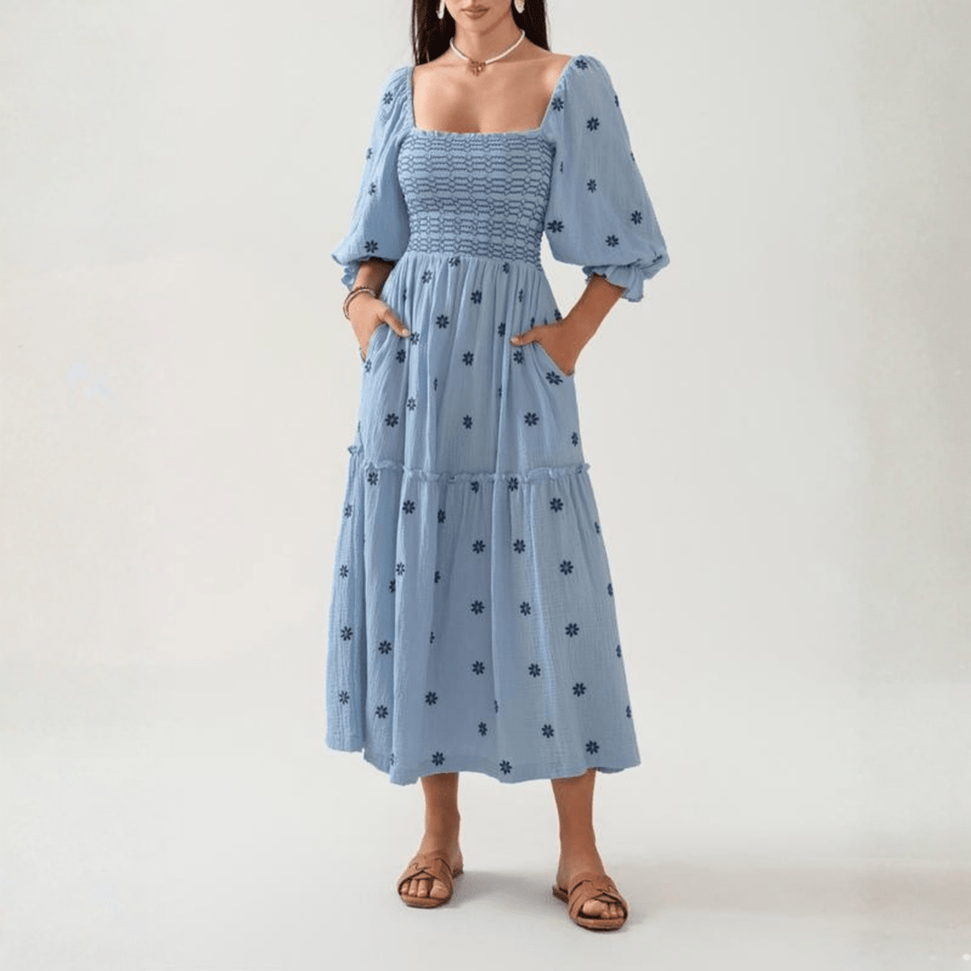 MOIRA™ - Comfy Floral Lantern Sleeve Square Neck Maxi Dress - Beaumonts Closet Toronto