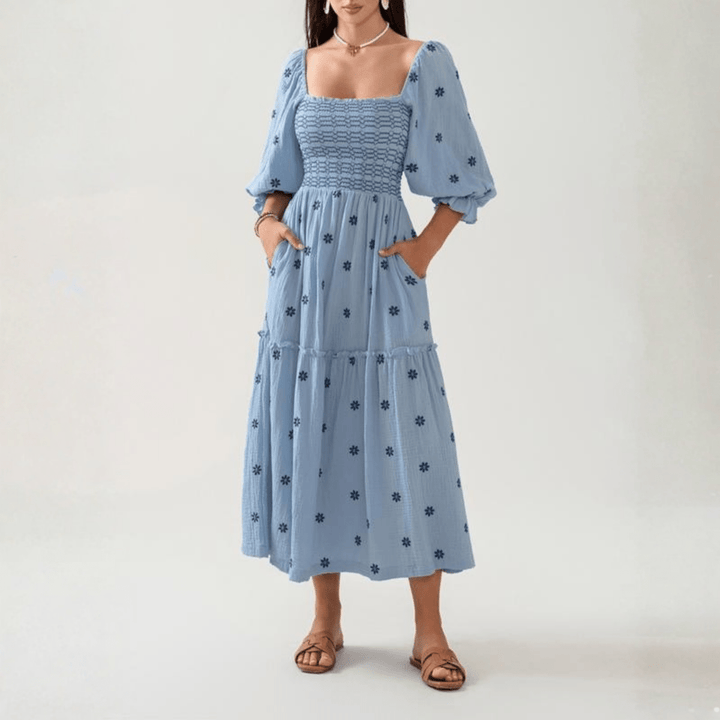 MOIRA™ - Comfy Floral Lantern Sleeve Square Neck Maxi Dress - Beaumonts Closet Toronto