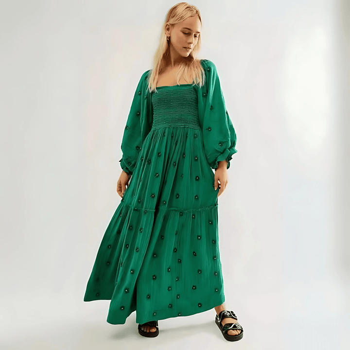 MOIRA™ - Comfy Floral Lantern Sleeve Square Neck Maxi Dress - Beaumonts Closet Toronto