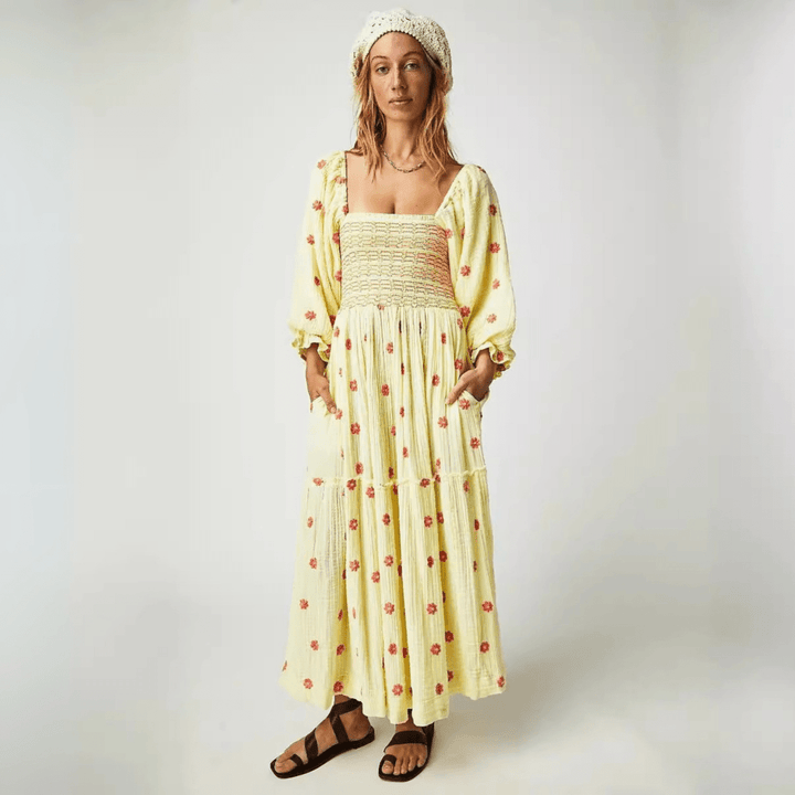 MOIRA™ - Comfy Floral Lantern Sleeve Square Neck Maxi Dress - Beaumonts Closet Toronto