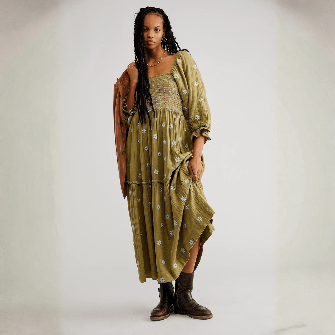 MOIRA™ - Comfy Floral Lantern Sleeve Square Neck Maxi Dress - Beaumonts Closet Toronto