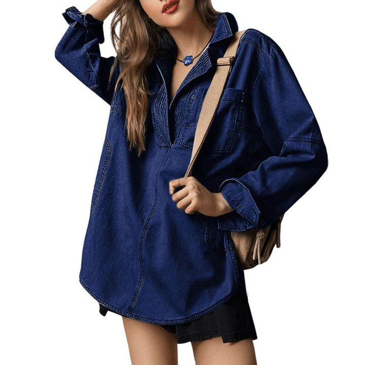 NALINAE™ – Chic V - Neck Denim Tunic Top - Beaumonts Closet Toronto
