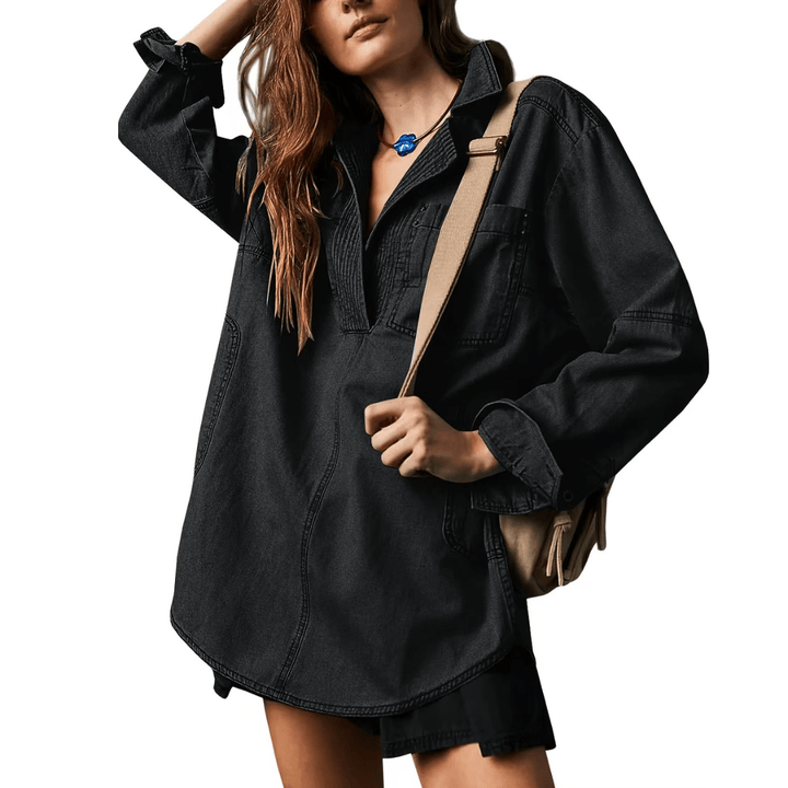 NALINAE™ – Chic V - Neck Denim Tunic Top - Beaumonts Closet Toronto