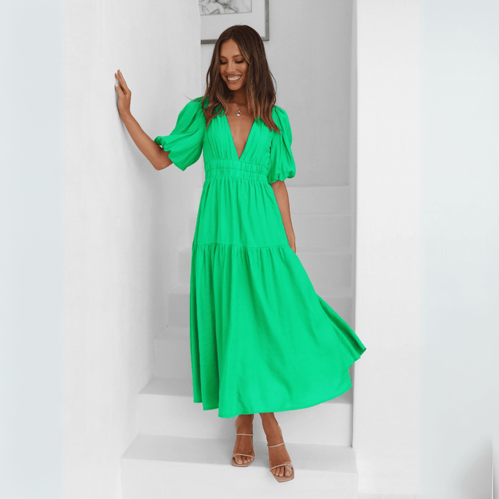 NAMU™ - Classy V - Neck Long Sleeve A - Line Maxi Dress - Beaumonts Closet Toronto