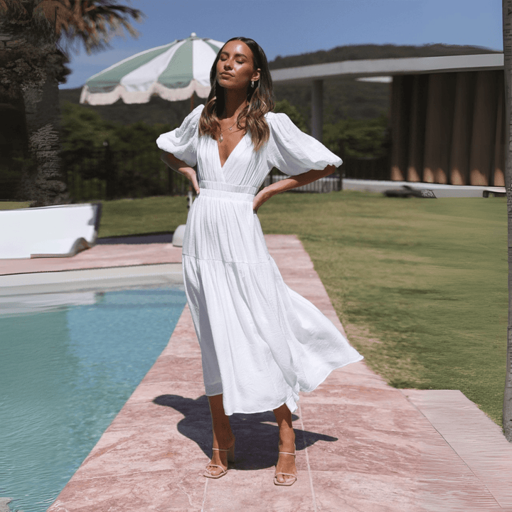 NAMU™ - Classy V - Neck Long Sleeve A - Line Maxi Dress - Beaumonts Closet Toronto