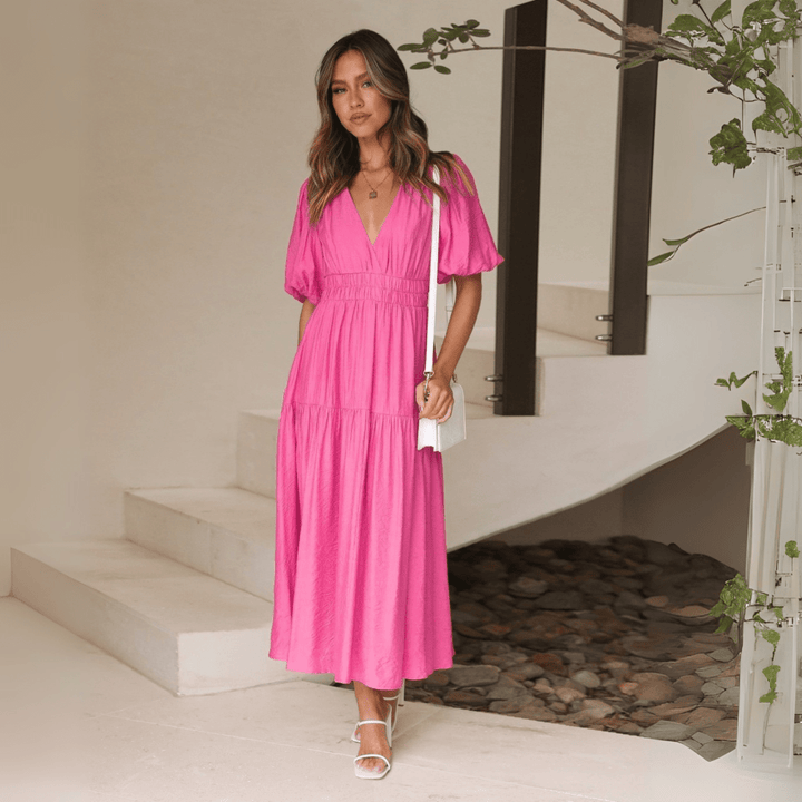 NAMU™ - Classy V - Neck Long Sleeve A - Line Maxi Dress - Beaumonts Closet Toronto