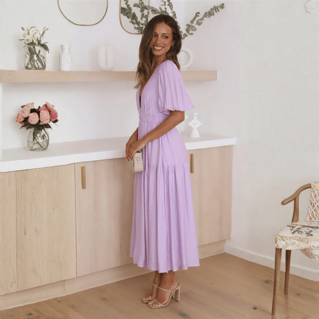 NAMU™ - Classy V - Neck Long Sleeve A - Line Maxi Dress - Beaumonts Closet Toronto