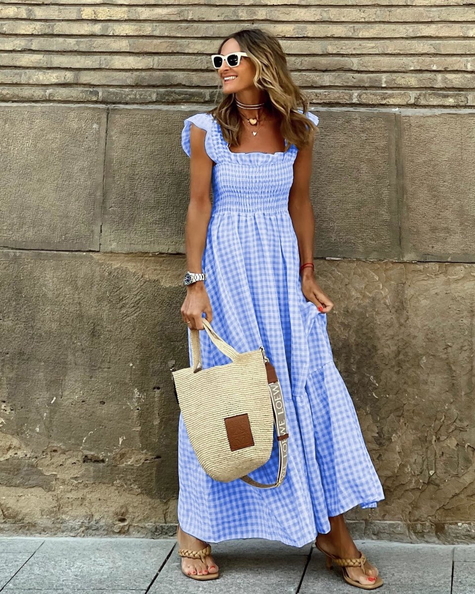 NANCY™ - Chic Retro Plaid Smocked Dress - Beaumonts Closet Toronto