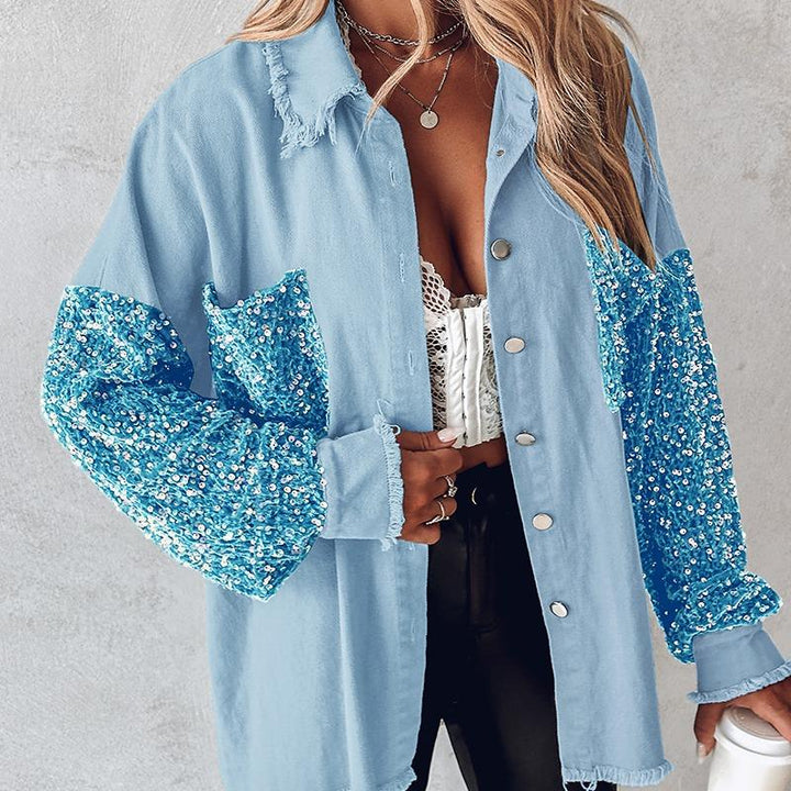 NENITA™ - Chic Oversized Sequin Hem Collared Button Down Jacket - Beaumonts Closet Toronto