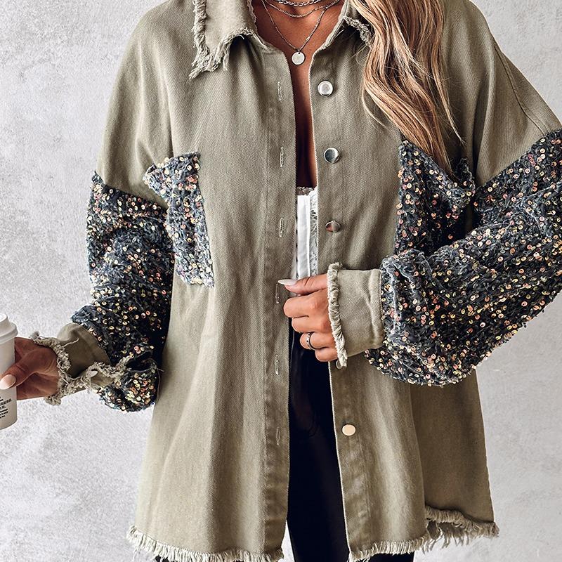 NENITA™ - Chic Oversized Sequin Hem Collared Button Down Jacket - Beaumonts Closet Toronto