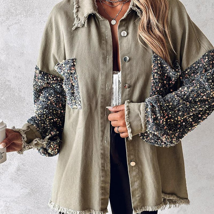 NENITA™ - Chic Oversized Sequin Hem Collared Button Down Jacket - Beaumonts Closet Toronto