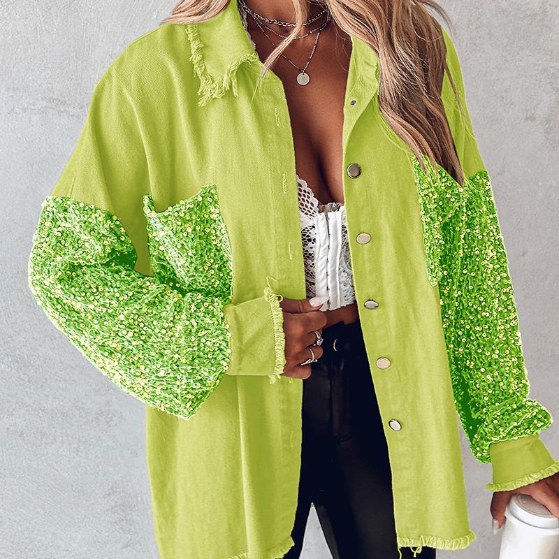 NENITA™ - Chic Oversized Sequin Hem Collared Button Down Jacket - Beaumonts Closet Toronto