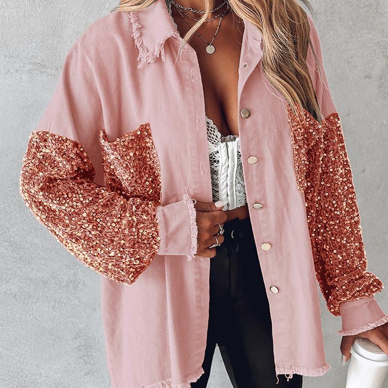 NENITA™ - Chic Oversized Sequin Hem Collared Button Down Jacket - Beaumonts Closet Toronto