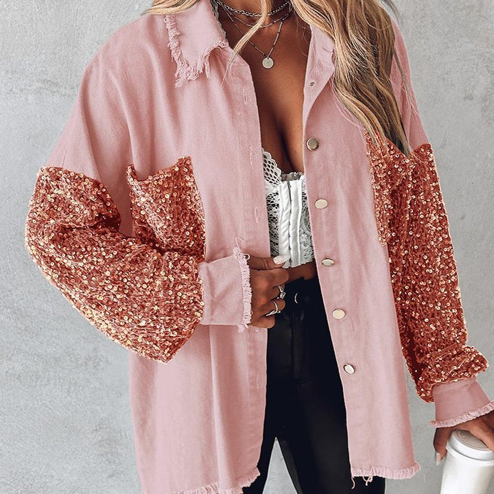 NENITA™ - Chic Oversized Sequin Hem Collared Button Down Jacket - Beaumonts Closet Toronto