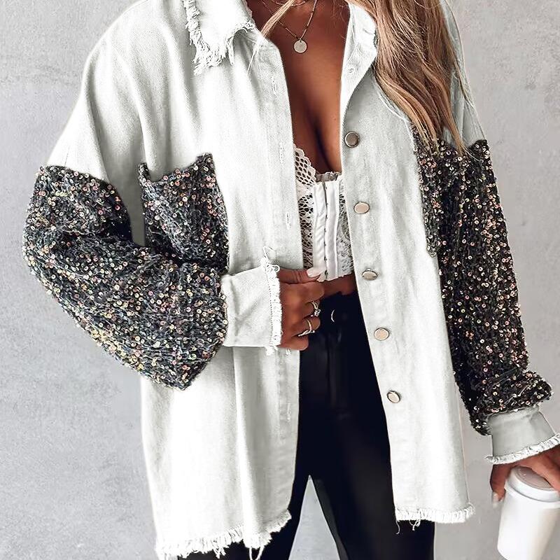 NENITA™ - Chic Oversized Sequin Hem Collared Button Down Jacket - Beaumonts Closet Toronto
