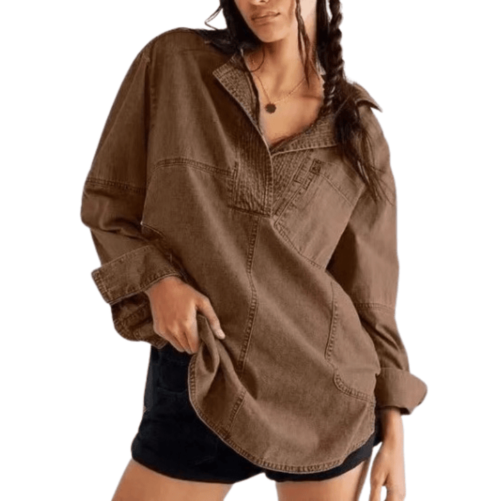 NISHA™ - Chic V - Neck Loose Fit Long - sleeve Top - Beaumonts Closet Toronto