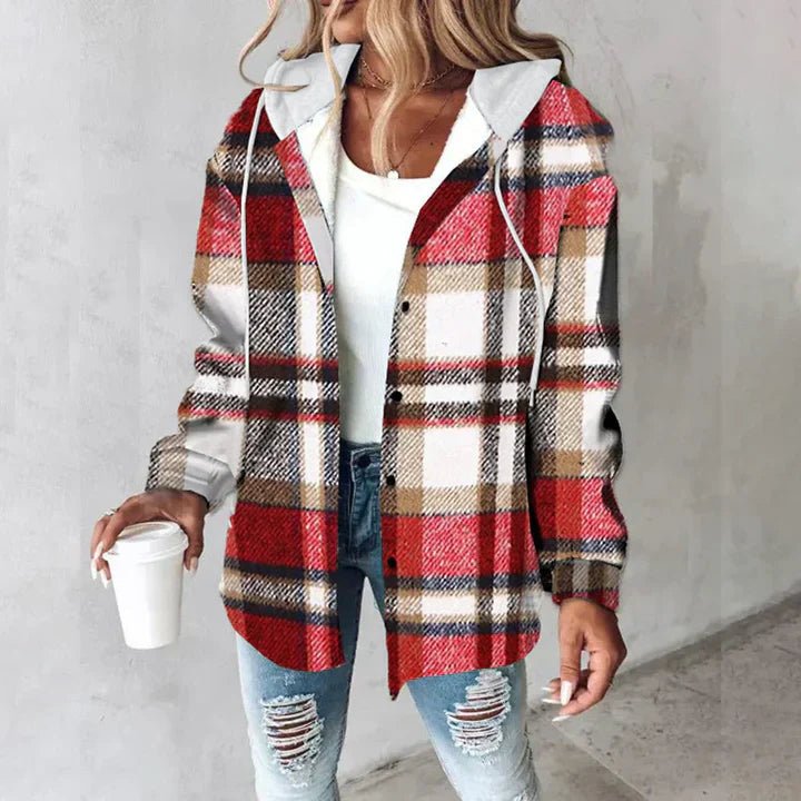 PAIGE™ - Chic Plaid Long - Sleeve Button Down Hooded Jacket - Beaumonts Closet Toronto