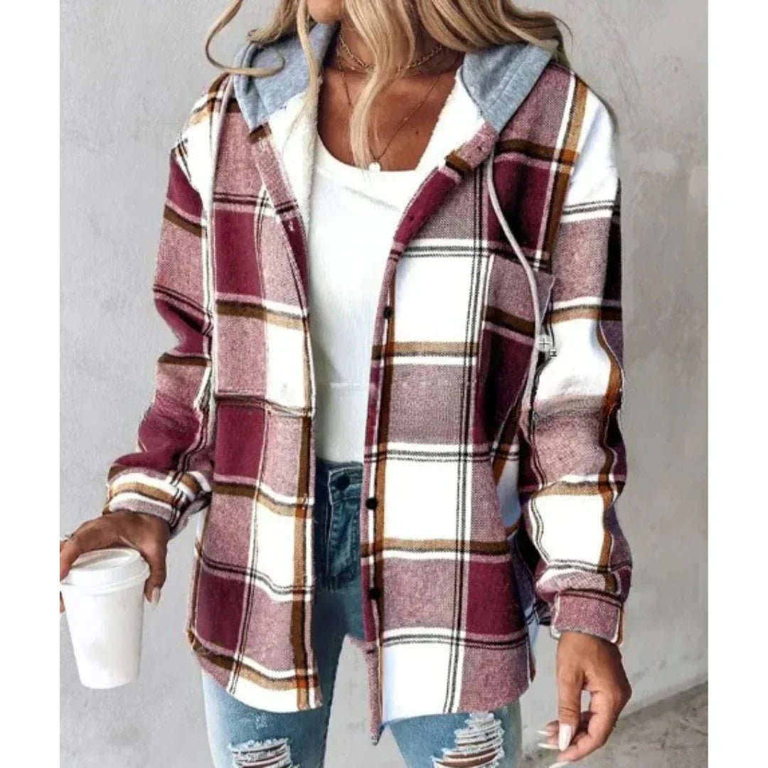 PAIGE™ - Chic Plaid Long - Sleeve Button Down Hooded Jacket - Beaumonts Closet Toronto