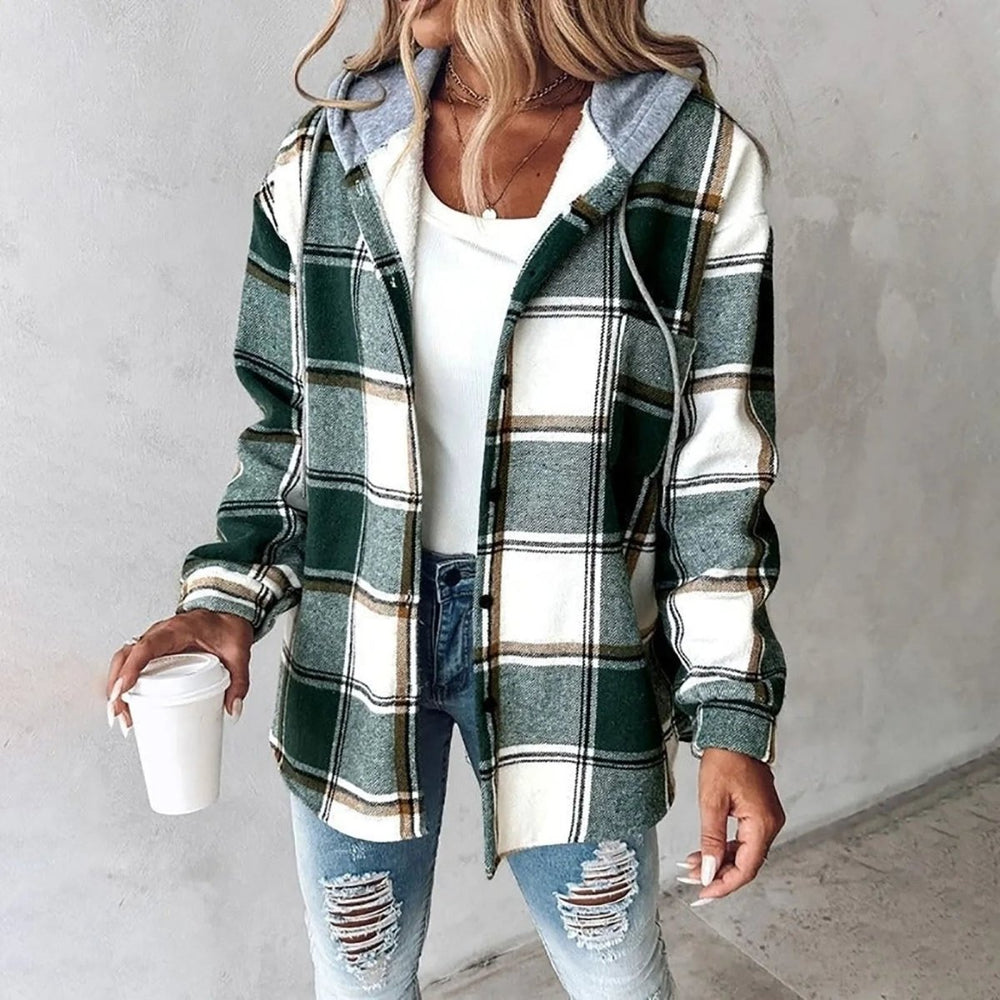PAIGE™ - Chic Plaid Long - Sleeve Button Down Hooded Jacket - Beaumonts Closet Toronto