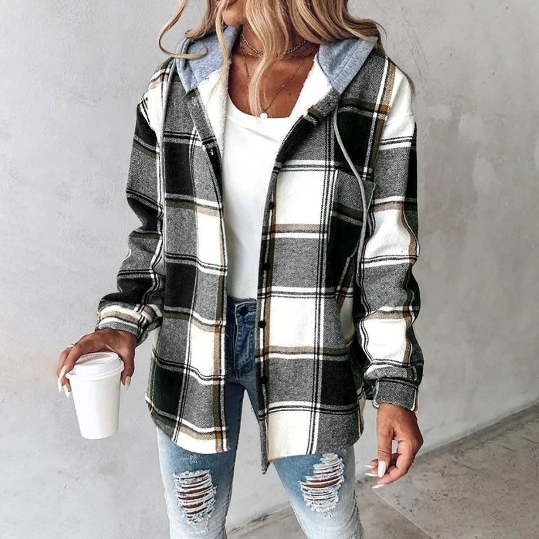 PAIGE™ - Chic Plaid Long - Sleeve Button Down Hooded Jacket - Beaumonts Closet Toronto
