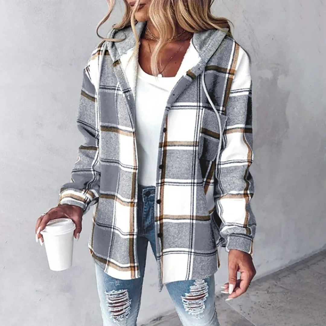 PAIGE™ - Chic Plaid Long - Sleeve Button Down Hooded Jacket - Beaumonts Closet Toronto