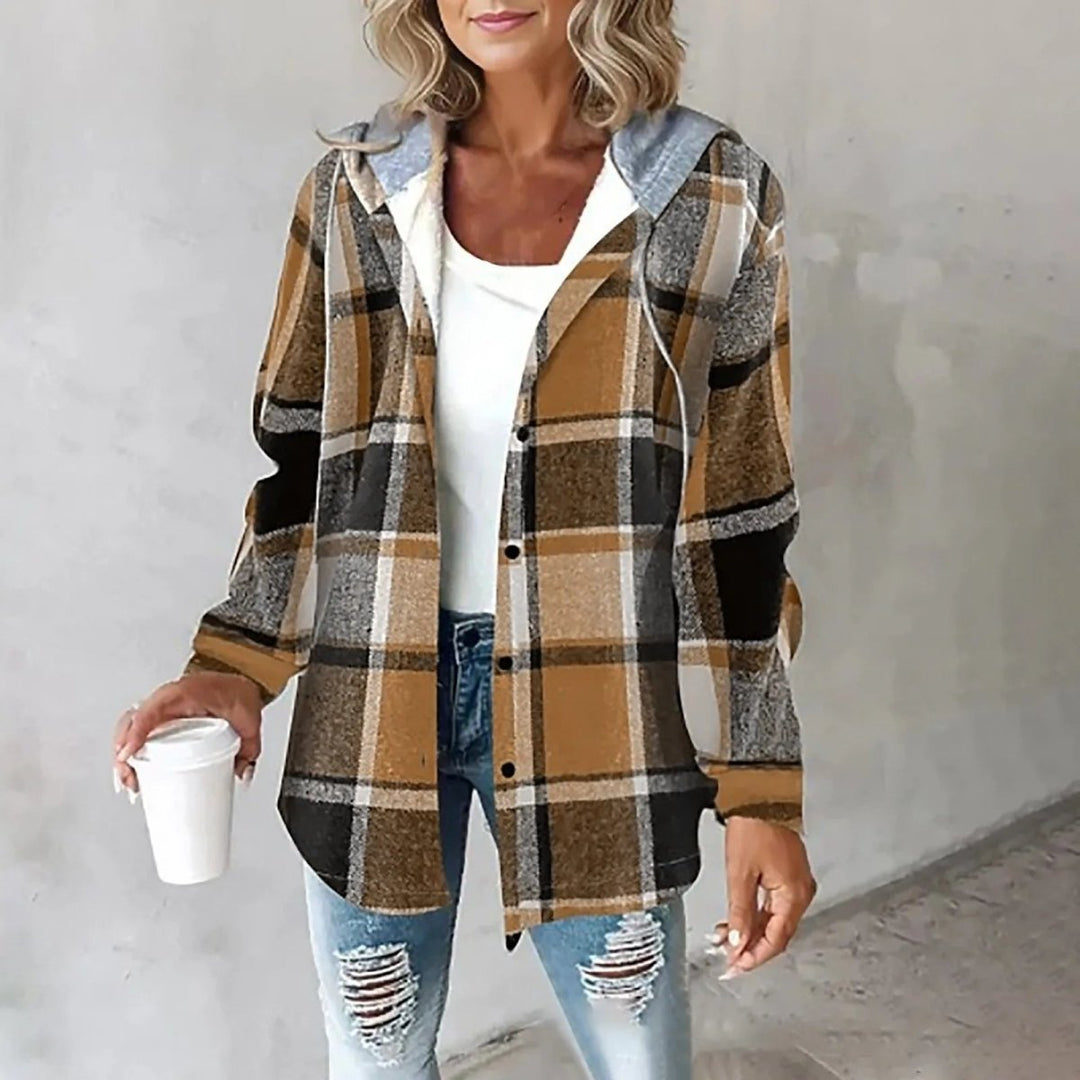 PAIGE™ - Chic Plaid Long - Sleeve Button Down Hooded Jacket - Beaumonts Closet Toronto