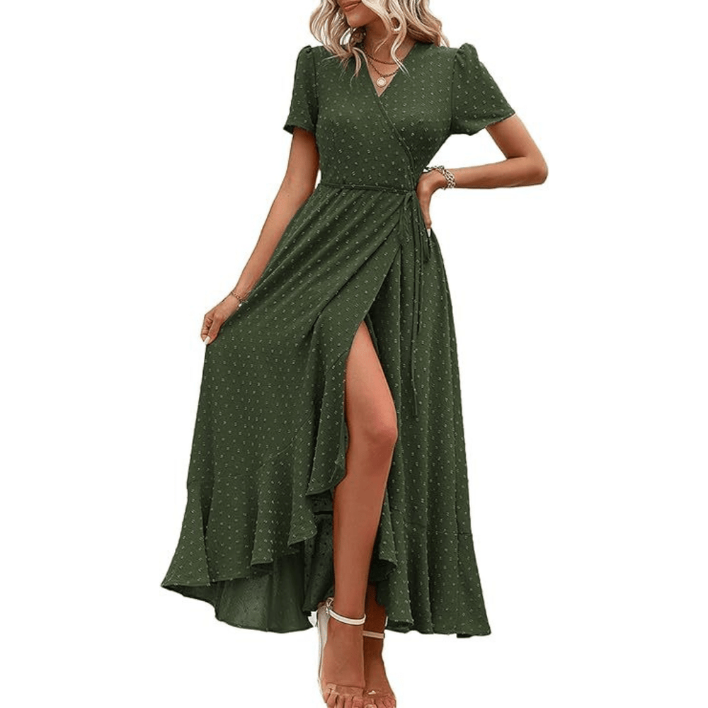 PILAR™ – Classy Flowy Wrap V - Neck Short Sleeve Maxi Dress - Beaumonts Closet Toronto