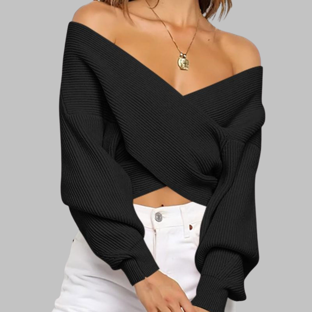 QUENNELL™ - Chic V-Neck Long Sleeve Wrap Front Sweater Beaumonts Closet Toronto Black S 