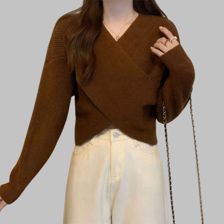 QUENNELL™ - Chic V-Neck Long Sleeve Wrap Front Sweater Beaumonts Closet Toronto Brown S 