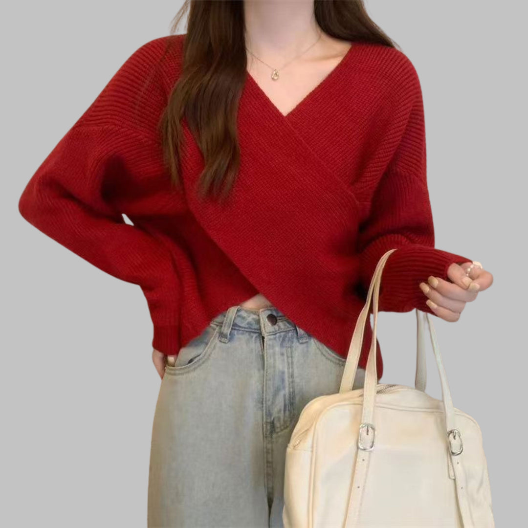 QUENNELL™ - Chic V-Neck Long Sleeve Wrap Front Sweater Beaumonts Closet Toronto Red S 