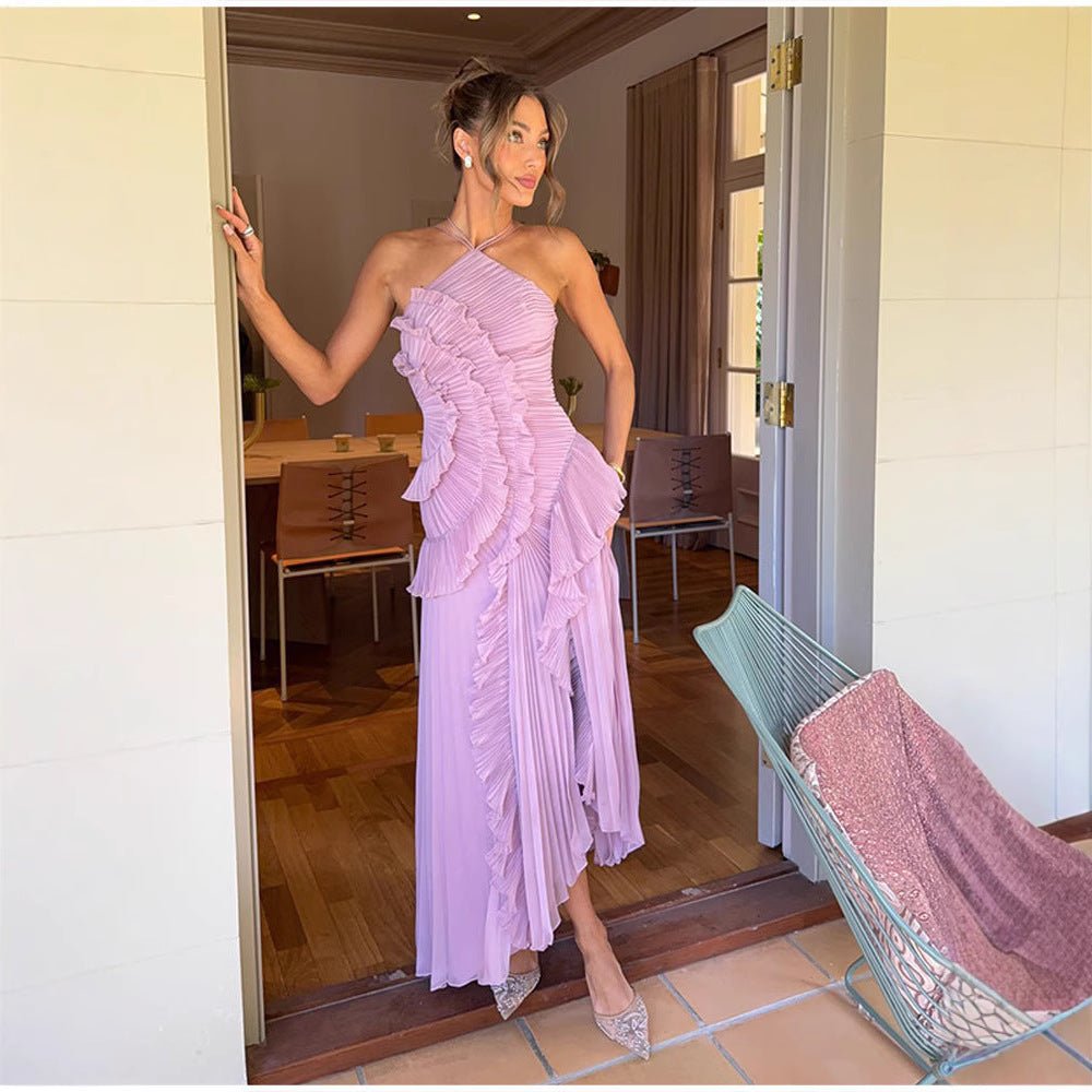 REGINE™ - Elegant Halter Neck Lotus Summer Maxi Dress - Beaumonts Closet Toronto