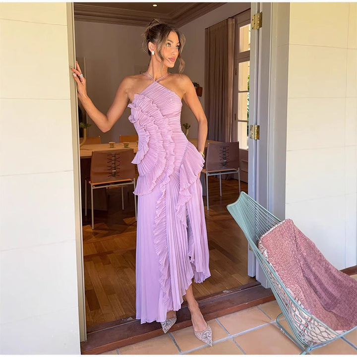 REGINE™ - Elegant Halter Neck Lotus Summer Maxi Dress - Beaumonts Closet Toronto