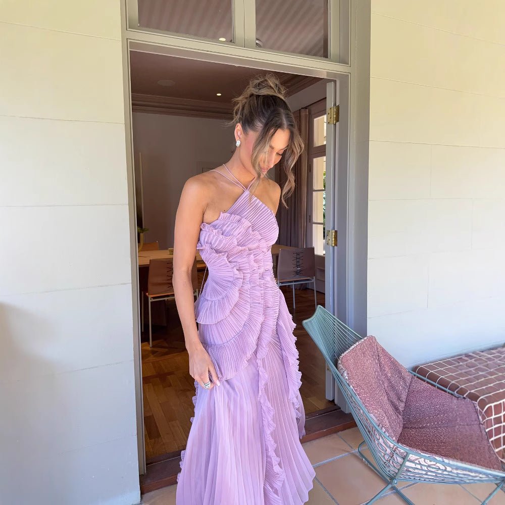 REGINE™ - Elegant Halter Neck Lotus Summer Maxi Dress - Beaumonts Closet Toronto