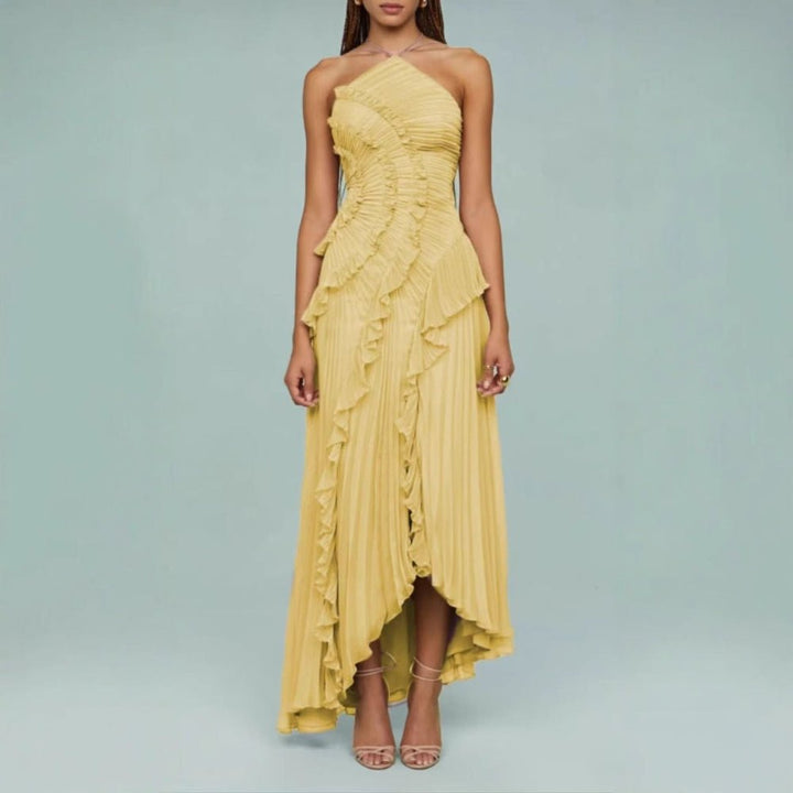 REGINE™ - Elegant Halter Neck Lotus Summer Maxi Dress - Beaumonts Closet Toronto